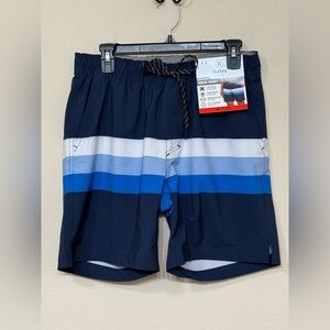 Hurley Men's Blue Striped Pull On Drawstring Stretch Regular Fit Swim Short M